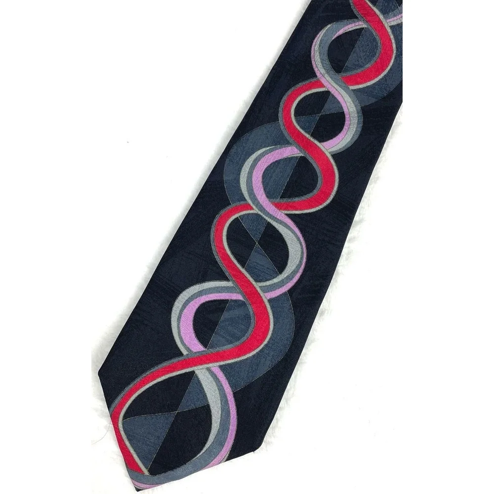 VTG Peter's Clothiers Novelty 80s Chain Twist Print Black Purple Red Silk Tie